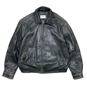 Vintage Hathaway Distressed Leather Bomber Jacket Mens XL Black Zip Biker Faded
